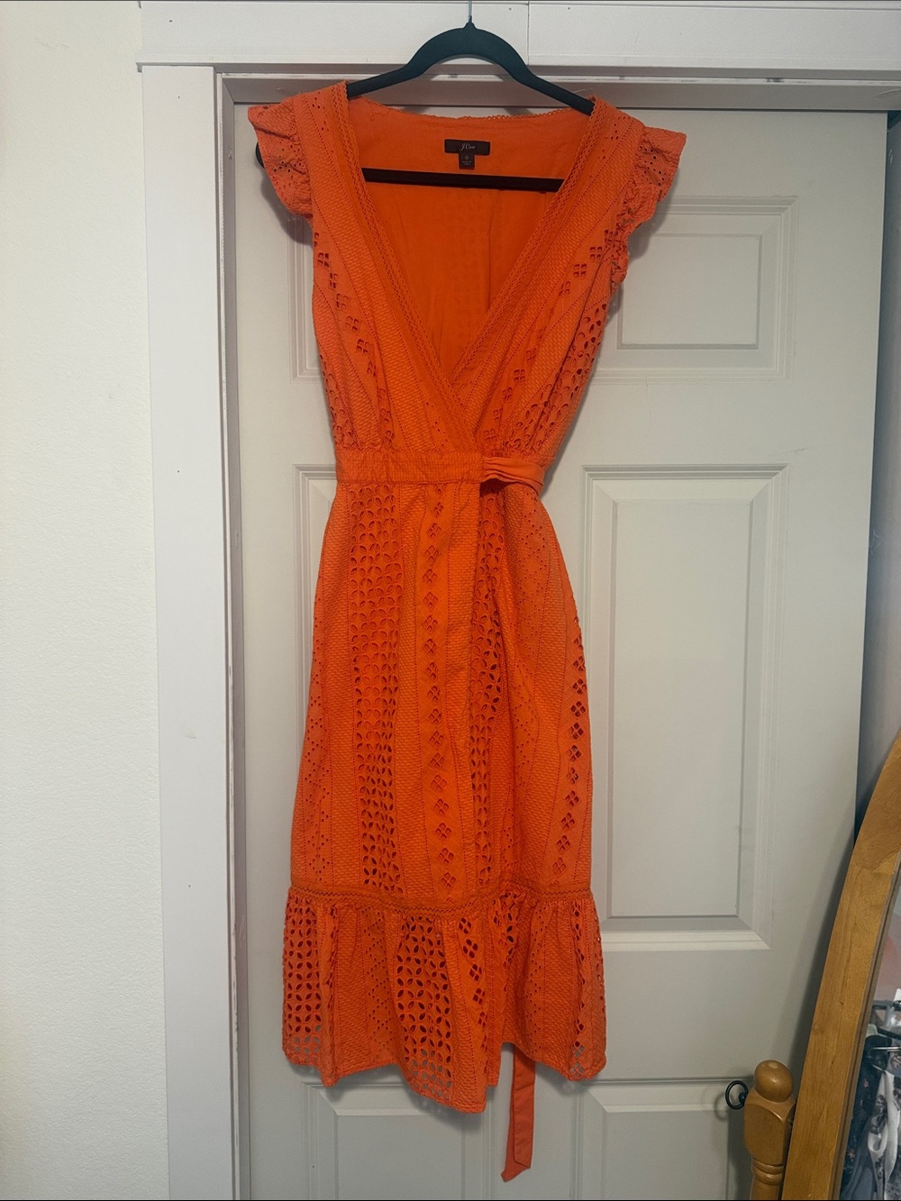 J. Crew Orange Eyelet V-Neck Midi Dress with Tie Waist